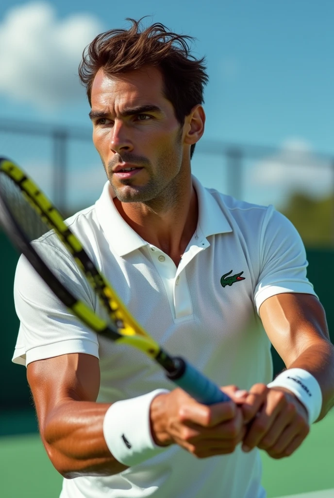 (photorealism:1.2), man with brown eyes and brown hair playing tennis with babolat racket Rafael Nadal wearing a Lacoste polo shirt with a super detailed ultra-realistic photorealistic 8k