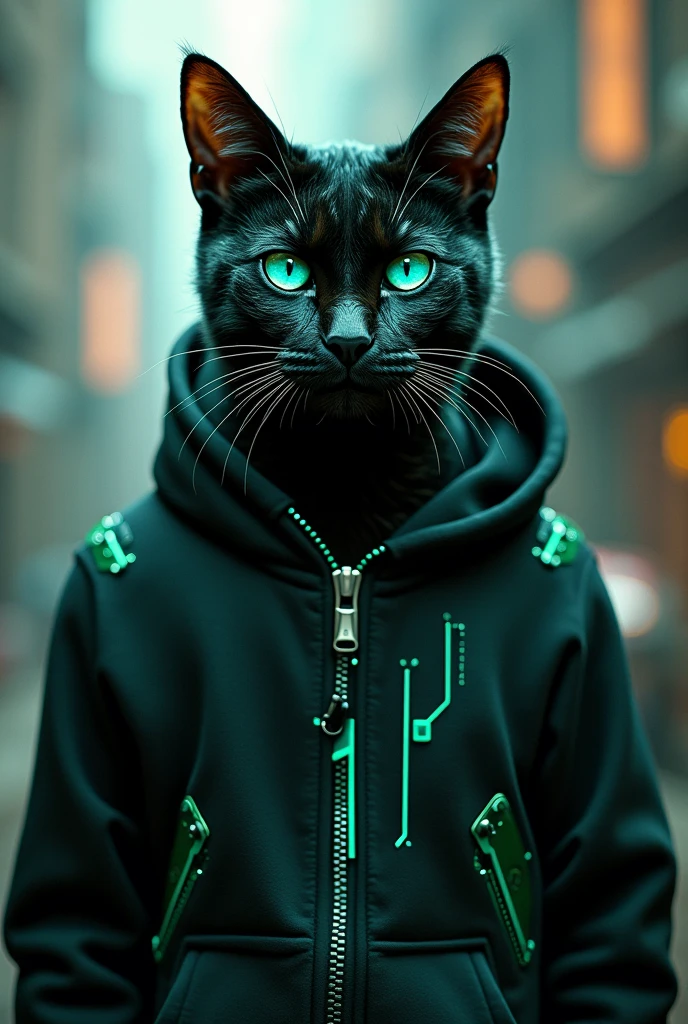 Male cat with black and green fur
Blue eyes
Snake eyes
Wearing a black sweatshirt with green details with technology
Futuristic