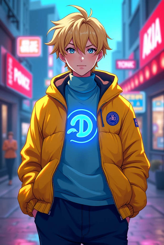 An 16 y/o anime boy with blonde hair yellow jacket with and light blue under turtleneck and an blue neon electric logo on his jacket dark blue pants with smirking emotion in a town