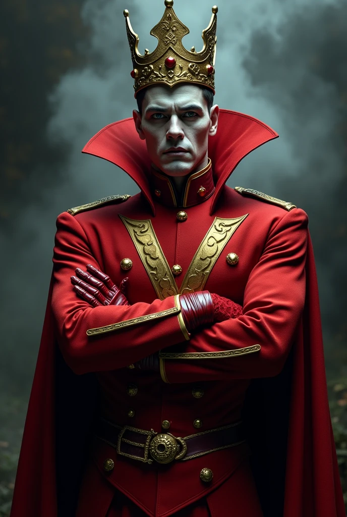 Create a male vampire wearing a crown, with the red demolition man's outfit, with the golden vme symbol on the uniform