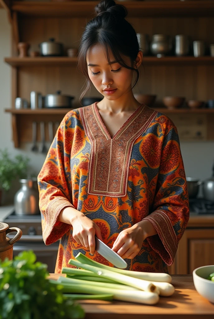 The women waring a bathik frock and his standing on a kitchen and his cuting the Leek's 