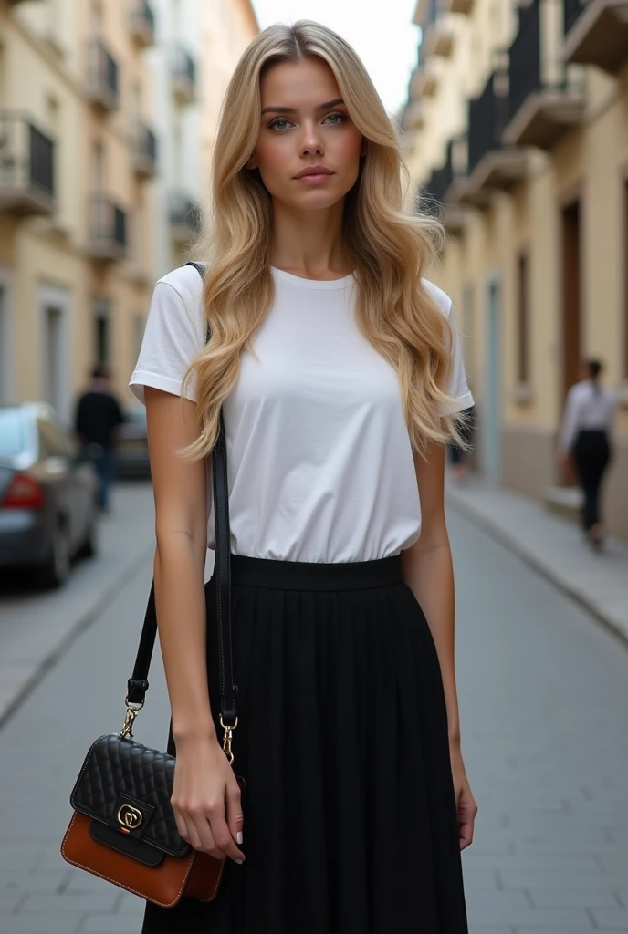 Create a realistic image of a 20 year old woman,
long blond hair, blue eyes, cheekbones, ((full body)),
Dressed in a long black skirt, a white t-shirt, holds a shoulder bag of the brand: (LONGCHAMP) in black and brown,
background image: a street with houses,
head to toe, full body, hyper realistic photo