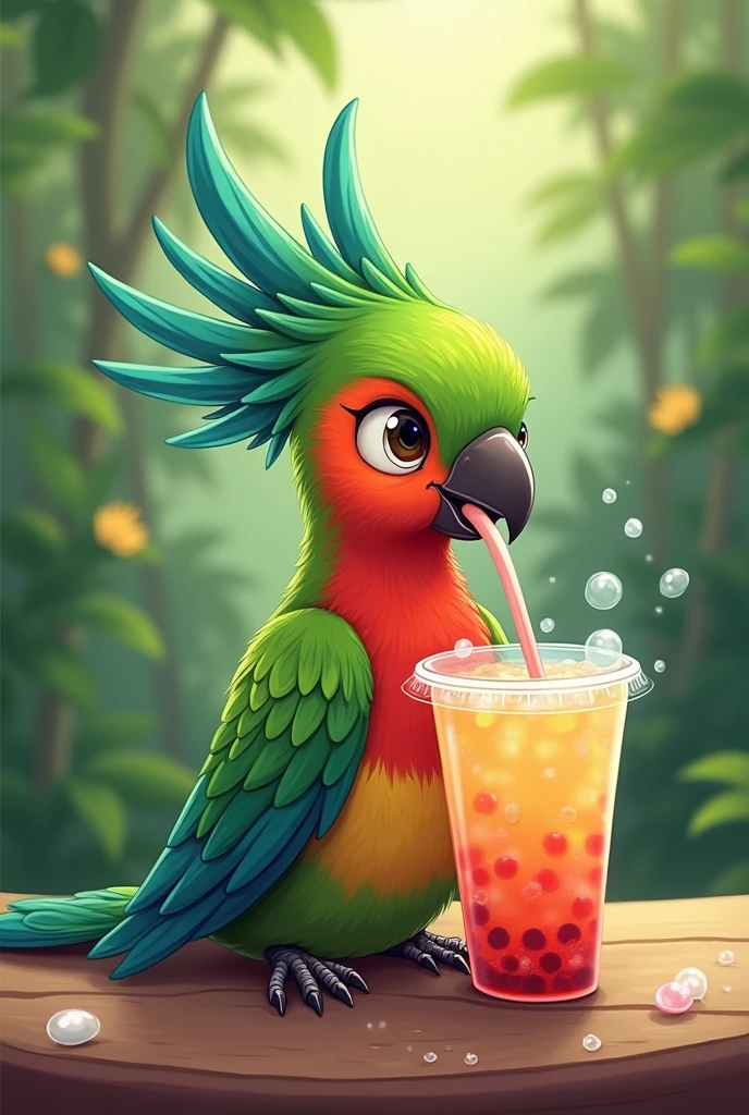 Cartoon of a quetzal drinking bubble tea