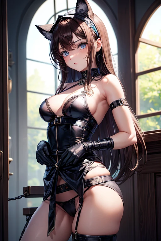 ((masterpiece)), ((Best quality)), (ultra detailed), nsfv, ((torture chamber)),(torture),(((one narrow belt, tightly tied at the waist))),cute girl, 1 girl, One, (black underwear),(hands, chained), (обе hands связаны и подвешены к потолку),((thin waist)),((bdsm)),beautiful brown hair, beautiful blue eyes, (beautiful eyes), long hair,Problematic expression