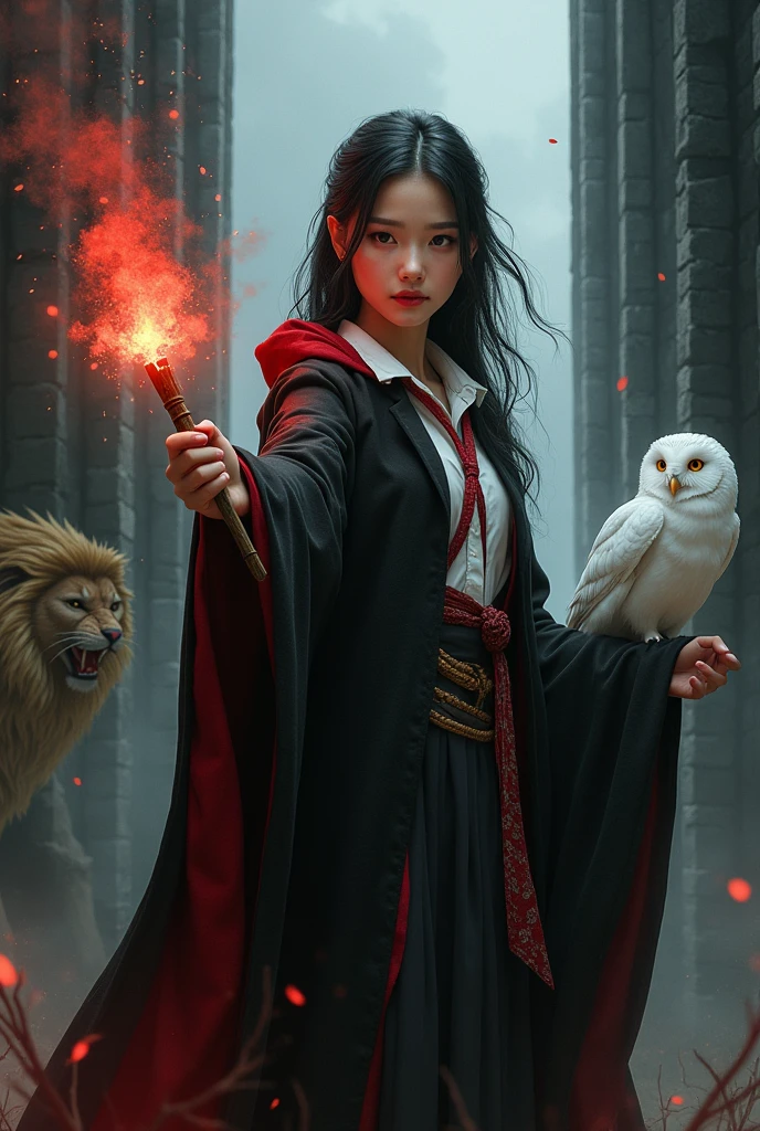 photorealistic photo, asian woman, white skin, Facing straight, Fluffy black hair, Slender fingers, There are five fingers on each hand., Black witch cloak, Red inner hood, black witch hat, White collared inner shirt, Red and white patterned tie, In the hand holding a small magic wand, There were red sparks and red smoke coming out of the wood., A white owl stands on the right shoulder., A large golden lion with a fiery red mane appeared from the left rear., The background is an old black castle.