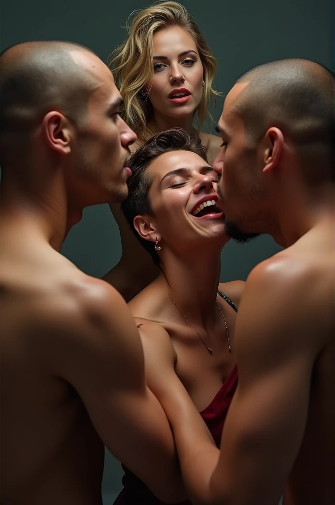 Super sexy blonde woman sucking the cock of 5 black men 