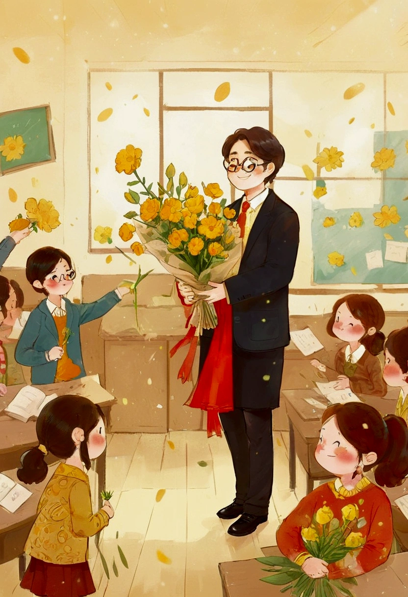 The classroom is filled with sunshine in the afternoon, A teacher wearing glasses happily holds flowers sent by students, warm tone, teacher's character design