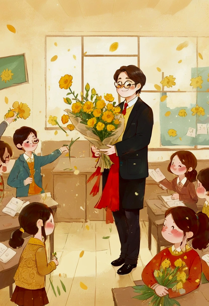 The classroom is filled with sunshine in the afternoon, A teacher wearing glasses happily holds flowers sent by students, warm tone, teacher's character design