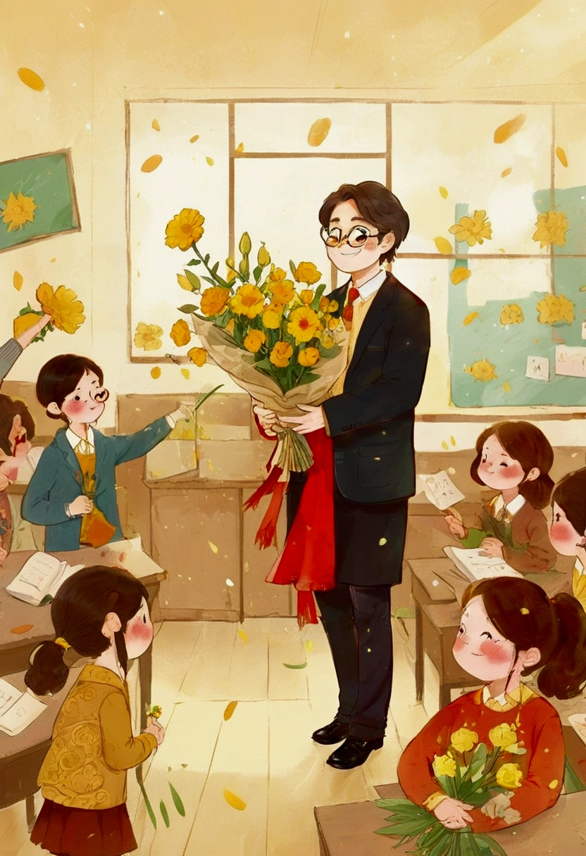 The classroom is filled with sunshine in the afternoon, A teacher wearing glasses happily holds flowers sent by students, warm tone, teacher's character design