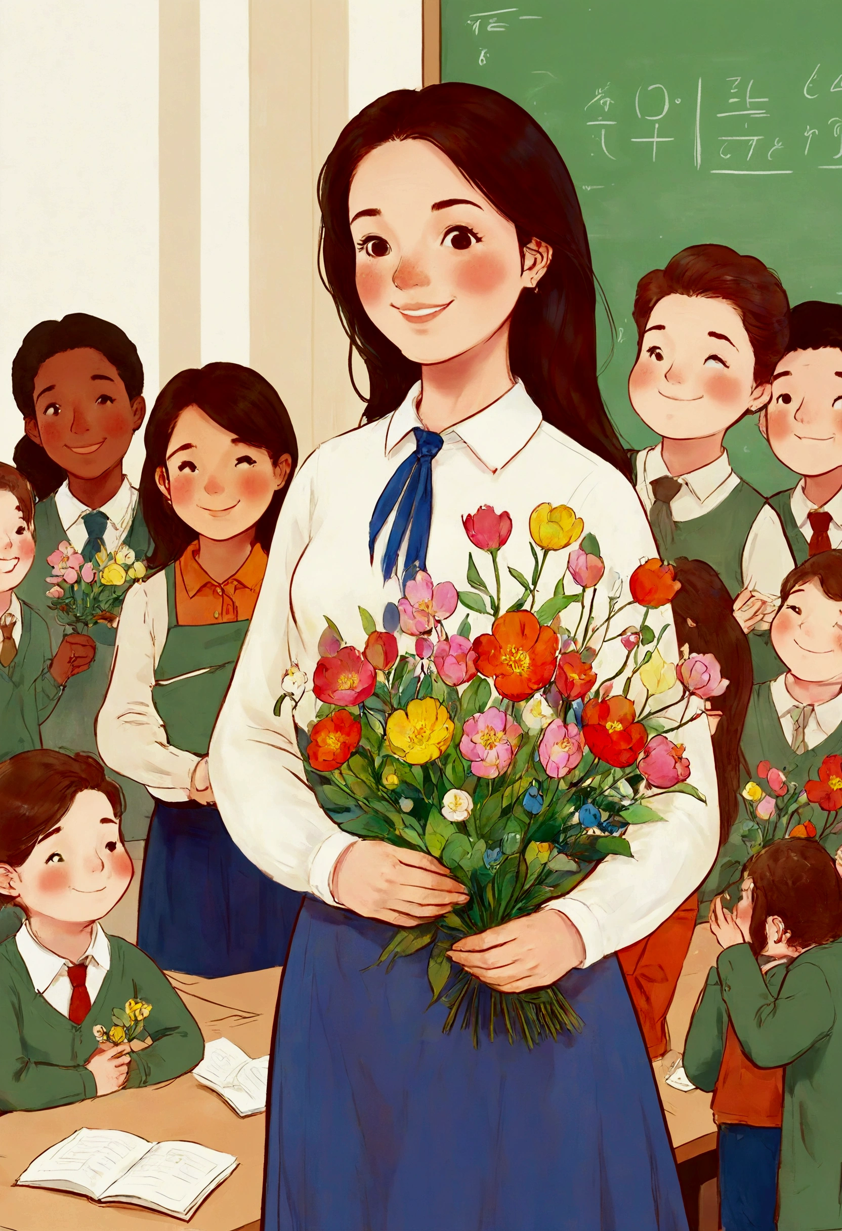 eacher's Day illustration, a lovely teacher holding flowers, surrounded by a group of students, in a classroom，corporate memphis style, white background