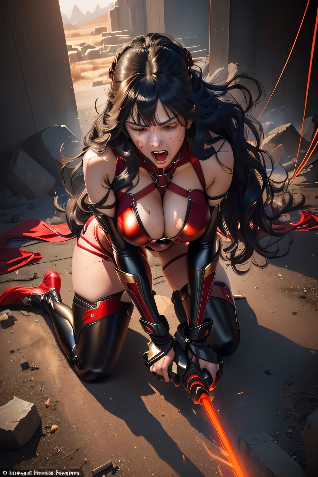 full body shot, superheroine, named crimson bullet. ((now she is lying face down wounded after a failed escape)), with a frustrated look in her eyes. as she falls, several enemies look down triumphantly at her. cruelly, painful, helpless, humiliating, regrettable, she remains tied up, ((rough rope wrapped around chest tighten up2.5)), static restrained, ((arms behind back 2.5)), ((screaming in pain)), fire still smolders around her, full body shot, in wilderness, she wears a form-fitting red bodysuit that accentuates her athletic figure. The bodysuit has gold accents, a star emblem on the chest, and intricate designs on the shoulders, hips, and thighs. The suit's material has a metallic sheen that reflects the surrounding light, emphasizing the futuristic theme. Her hair is shiny black and very long has well-groomed waves. She wears long red metallic gloves and matching thigh-high boots, both decorated with gold trim. A futuristic gauntlet is worn on her right arm