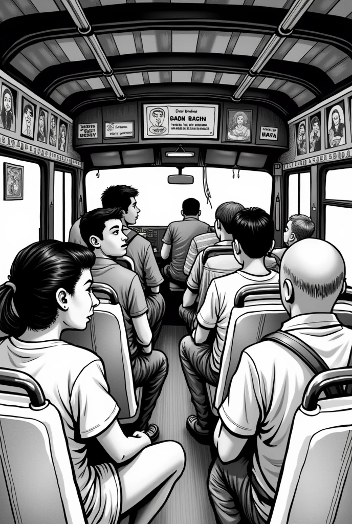Comic art like, Inside of a jeepney in the philippines but with no Color
