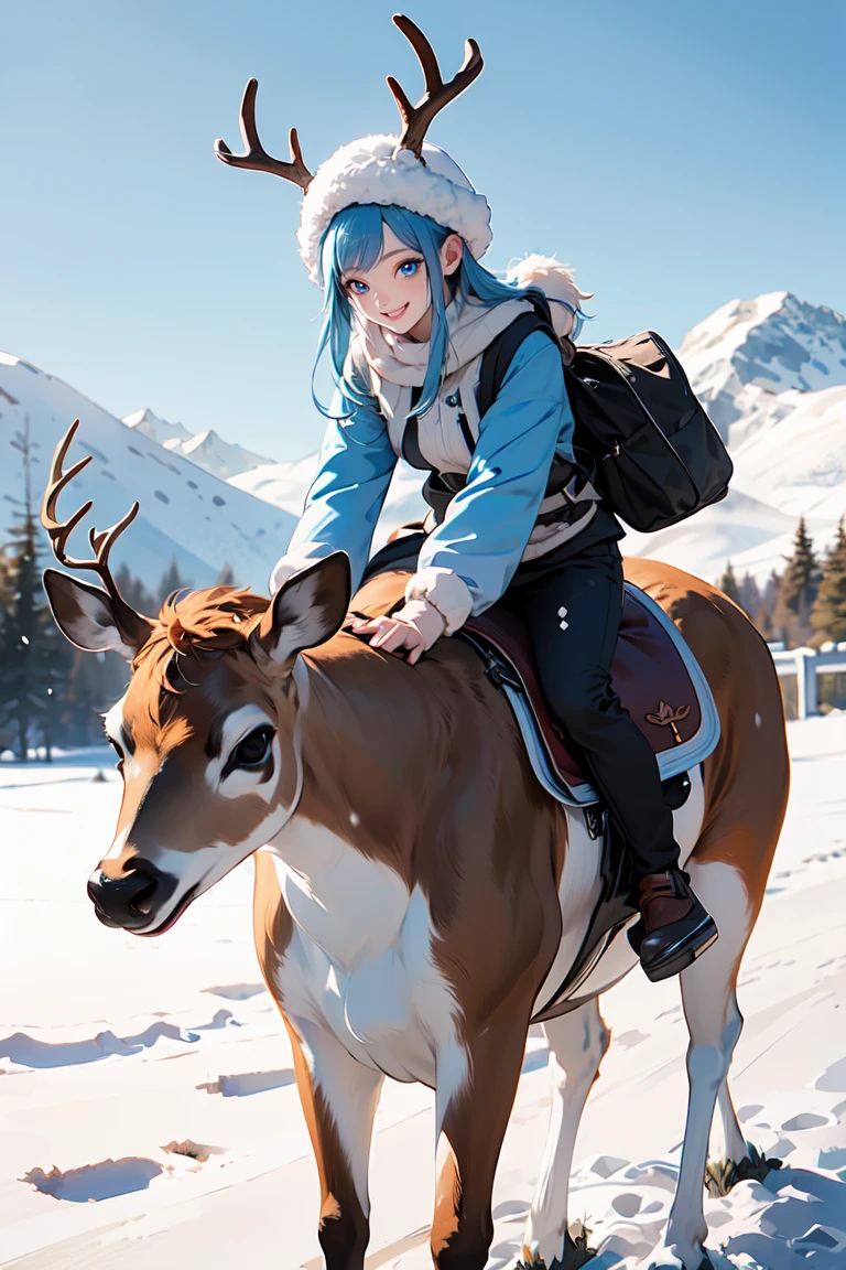 (masterpiece, best quality:1.3), 8K, illustration, super detailed, highly detailed, (1girl, solo), light blue hair, long hair, winter hat, (riding animal, deer, brown deer), ((snow fall)), winter season, scenery snow mountain background, vivid color, soft shadow, absurdres
