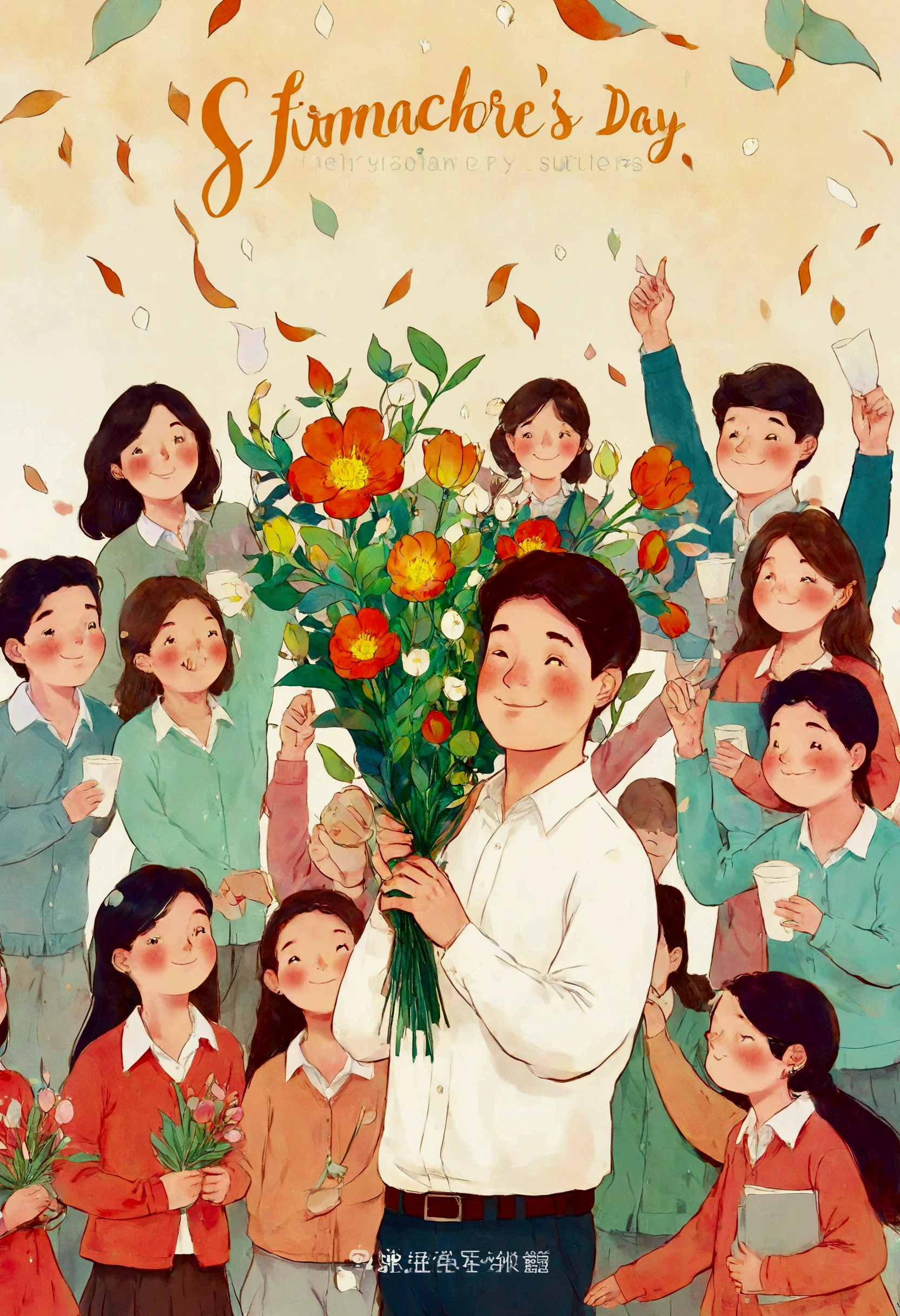 eacher's Day illustration, a lovely teacher holding flowers, surrounded by a group of students, in a classroom，corporate memphis style, white background