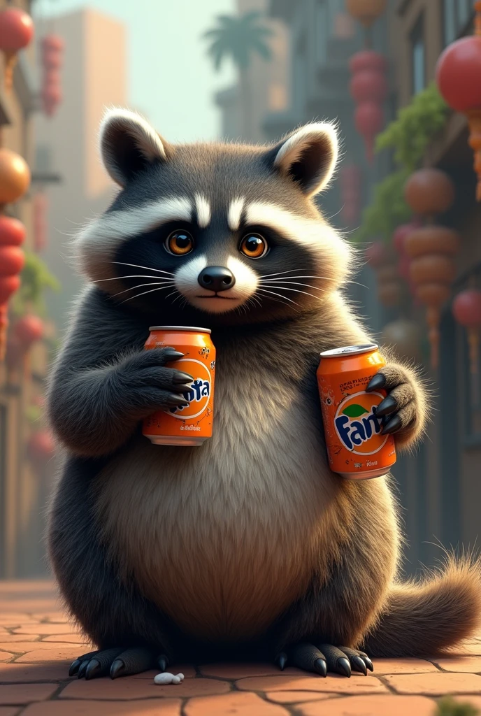 Fat raccoon holding Fanta grapes、High resolution、Eyeballs crawling、I can see the cute tail、