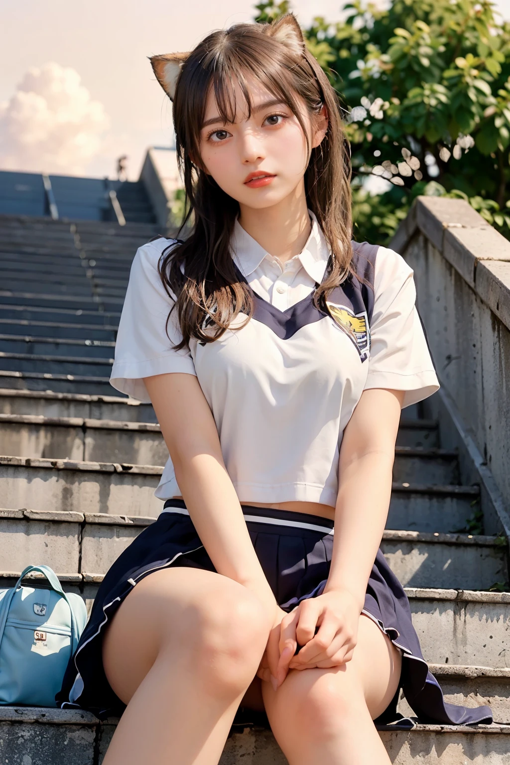 (Highest quality、Ultra-high resolution、８ｋ、masterpiece:1.3)、Beautiful woman with perfect figure:1.4、(Blonde:1.5)、(ponytail)、((((School Uniform))))、Big eyes、Flashy uniforms、（high school girl）、(Checked Skirt)、Ultra mini skirt、（(((Angle from below)))、A beautiful woman、Schoolカバン、Highly detailed face and skin、Detailed eyes、Shiny thighs、double eyelid、Thin legs、The best smile、(((１people)))、Beautiful views、School、（Schoolyard）、beautiful place、The best smile、Extraordinary beauty、Age: 16、Perfect Proportions、whole body、((blue sky))、Baby Face、Touch your hair with your hands、The wind is blowing、Physical education sitting、wave hands、I can see your underwear、White underwear、Camel legs、