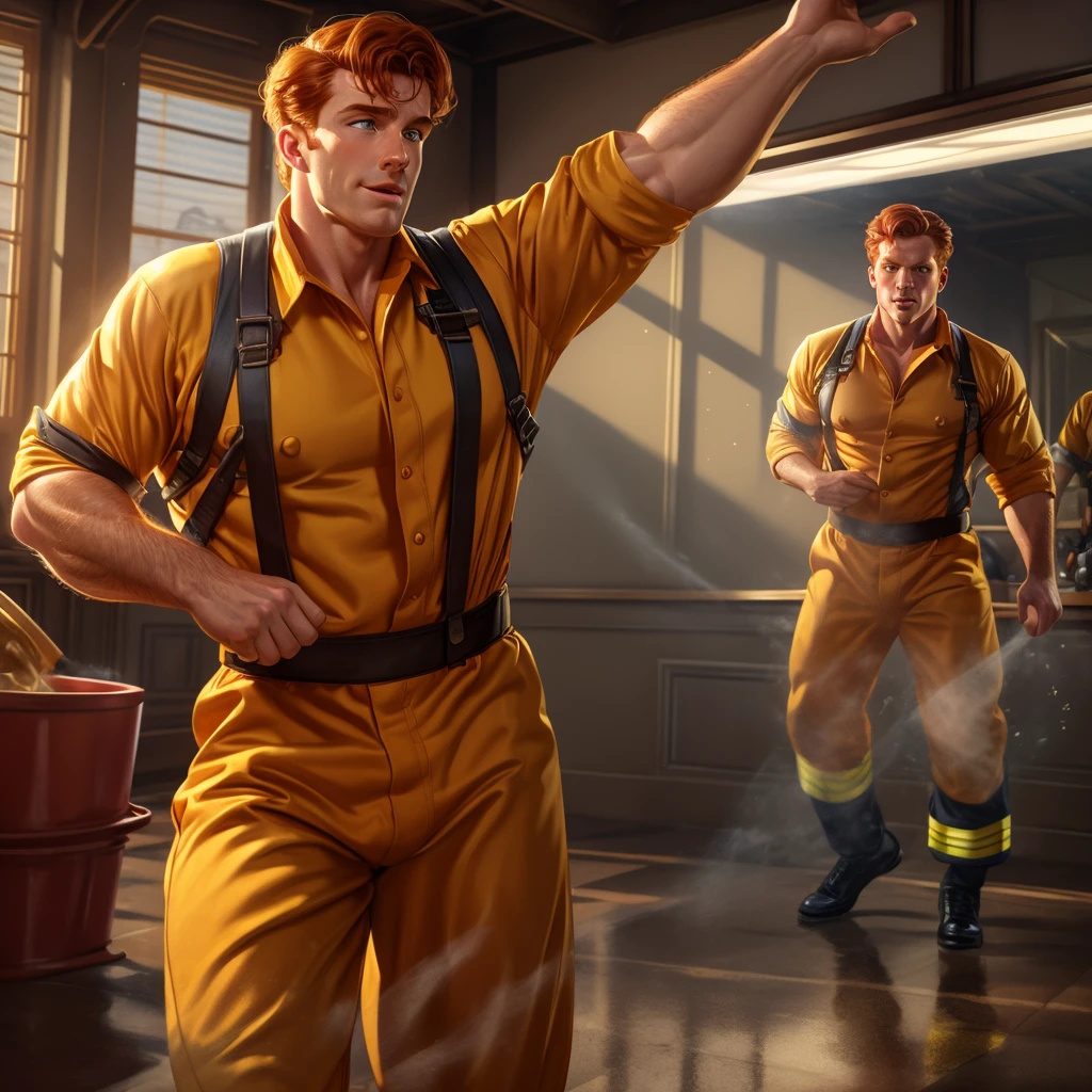 Illustration in Leyendecker style:a male 2 firefighter man taking off clothes at the fire-station, seductive facial expression, ginger hair, , hairy body, sweat on body, firefighter uniform, firefighter gear, pulled down pants, dynamic pose, staring at a viewer, natural lighting, natural shadows, reflections, 4K, HDR, highly detailed, ray tracing, reflections,