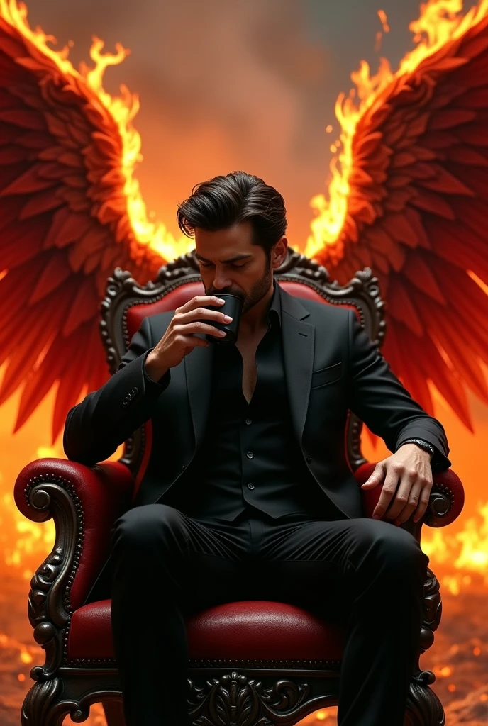 (8 k, Best quality, Masterpiece:), Lucifer Morningstar, Dark haired british male angel, Evil smile, Flaming wings, the devil, Angel Fall, fire in the background, details, Dark suit, Club topic, 1:1 percentage, He sits on the throne and drinks a cup of black coffee. 
, details, real