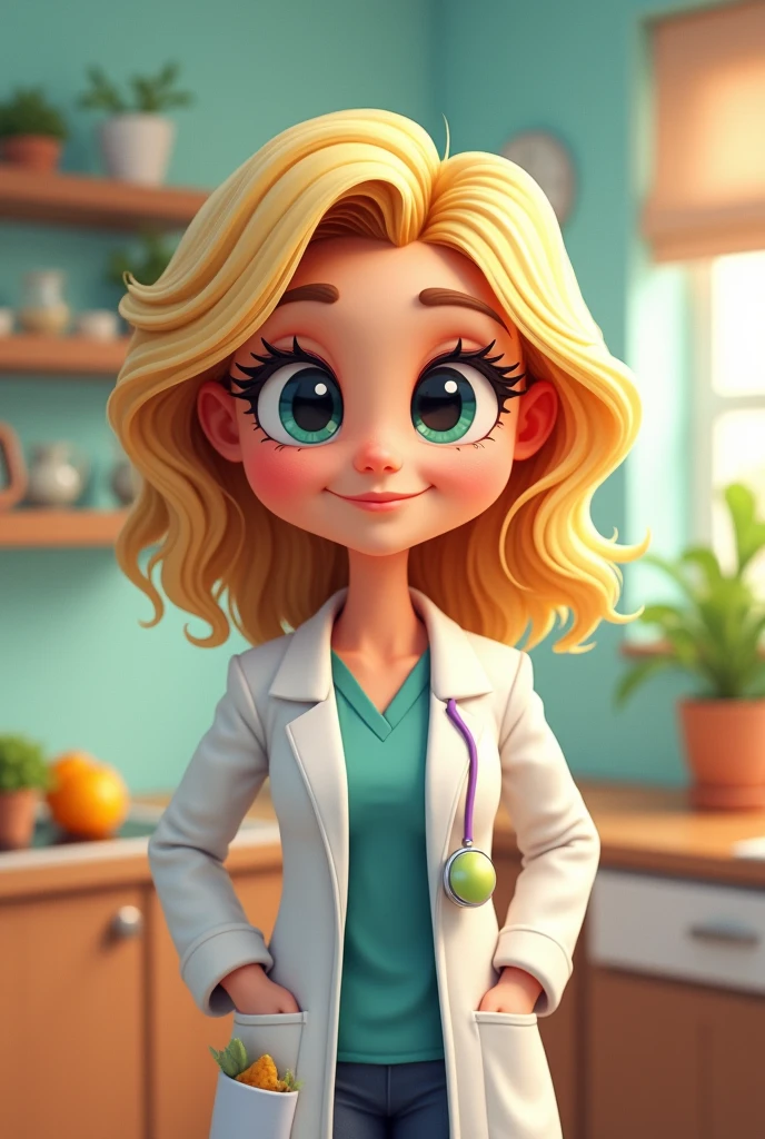 blonde nutritionist,eyes black,middle-age,short in stature,cartoon-like