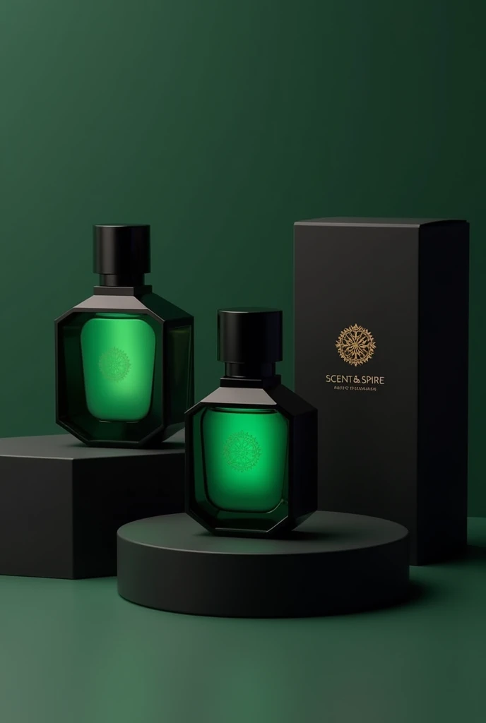 Creat a product perfume pics and boxes for pakaging in black clour of box listing on website 3 to 4 pics separately with the company name (Scent&Spire) also print a logo on box front. Perfume clour in green