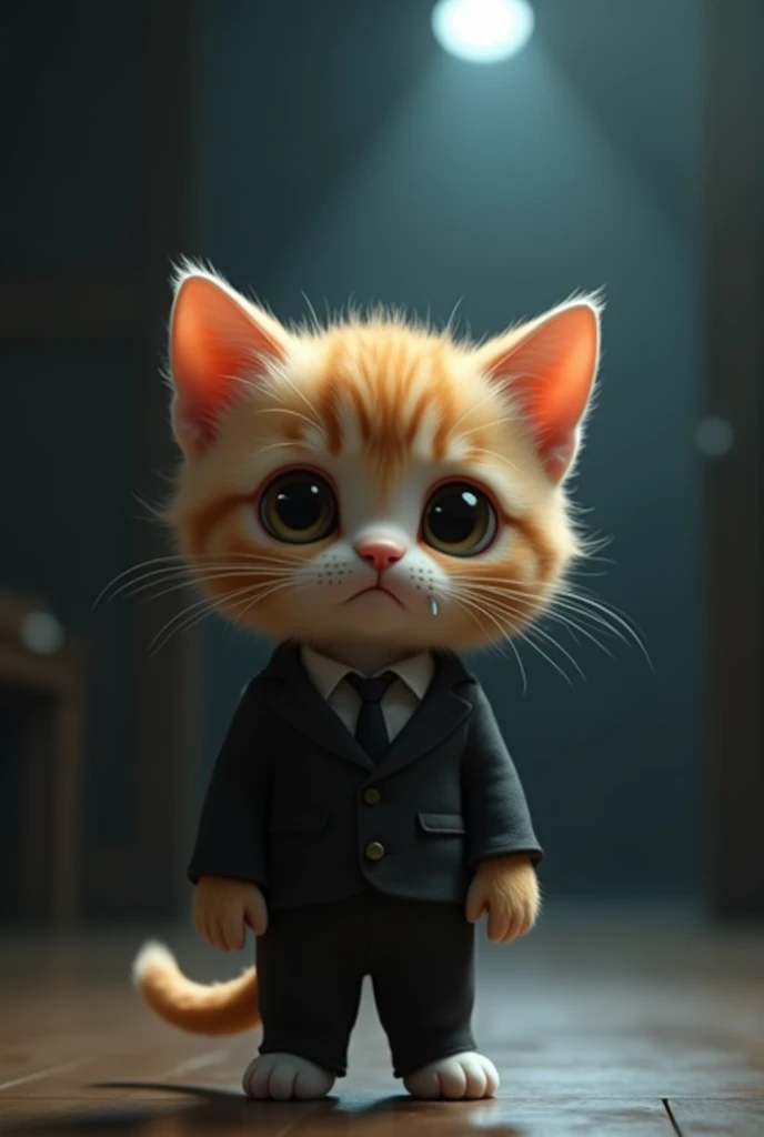「In a dimly lit room、A tiny AI kitten in a tiny suit、Being scolded by an unknown boss。 The kitten sheds tears sadly、Drop your ears、Eyes wide open。 The room is dark、Just the faint light casting a soft shadow、It adds to the sad mood.。 The scene is designed in a Pixar-like style.、The kitten has big, expressive eyes、Soft and round face、Having exaggerated features that accentuate emotion。 The overall atmosphere is、A mix of realism and cartoonish charm、The focus is on the kitten's emotional response。
