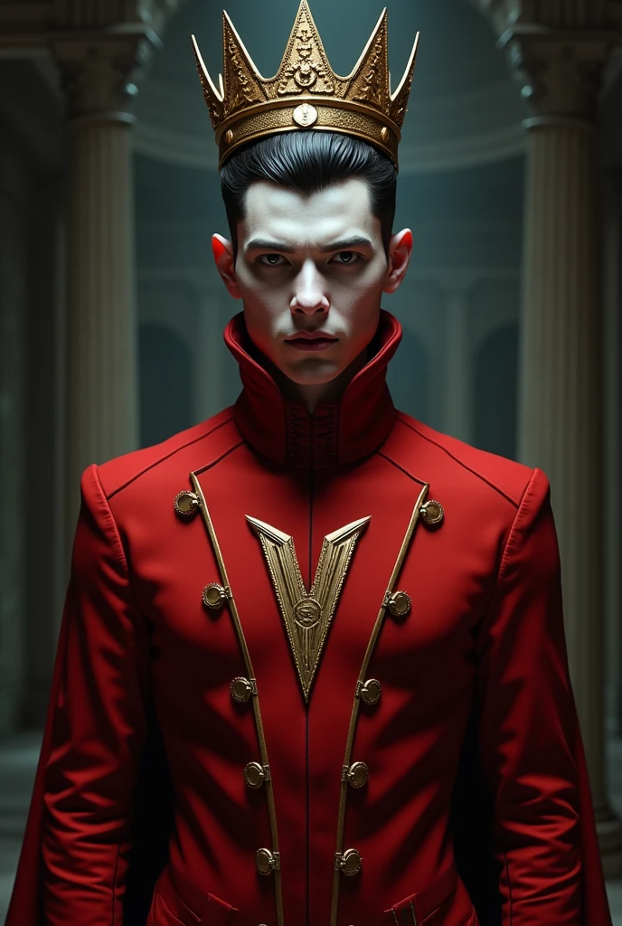 Create a male teenage vampire wearing a crown, with the red demolition man&#39;s outfit, with the golden vme symbol on the uniform 