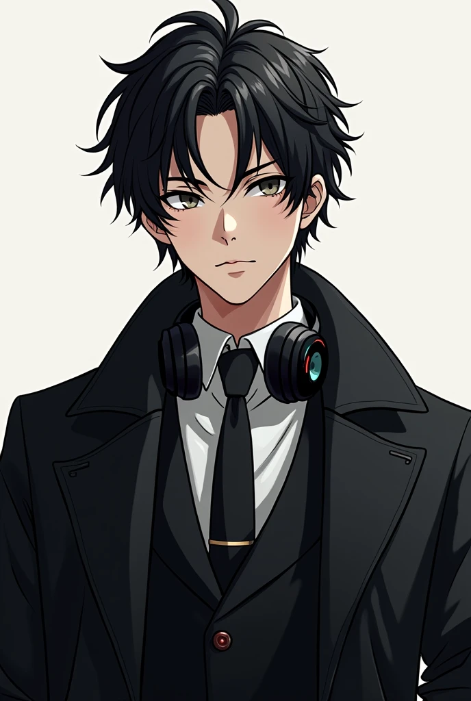 Logo A handsome anime boy headphone and black coat and tie curly hair