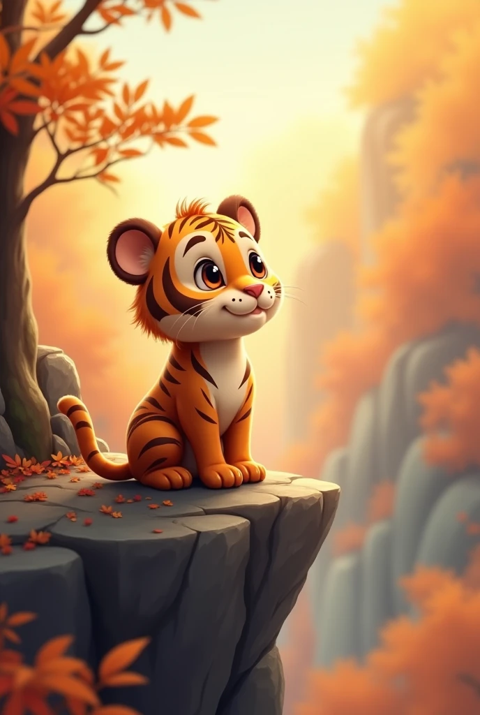 a pure brown tiger,cute style,on the cliff,Look sideways to high places,Background autumn,老虎cute style
