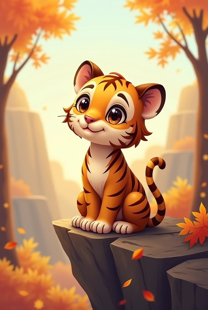 a pure brown tiger,cute style,on the cliff,Look sideways to high places,Background autumn,老虎cute style