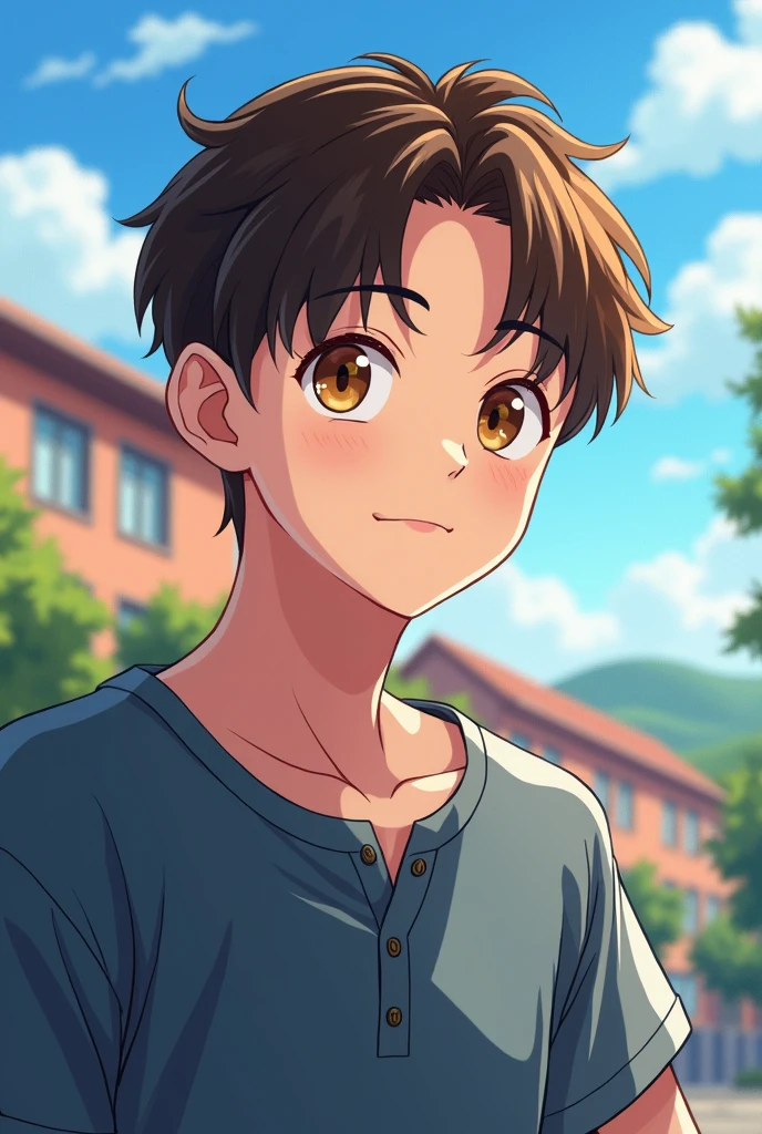 Hwang Jiho character of a Korean novel, 190 cm tall, High school boy, brown hair and eyes shining with curiosity, anime style art, , 