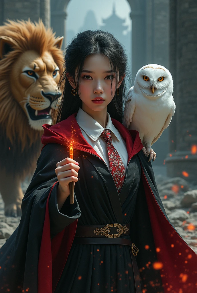 photorealistic photo, asian woman, white skin, Facing straight, Fluffy black hair, Slender fingers, There are five fingers on each hand., Black witch cloak, Red inner hood, black witch hat, White collared inner shirt, Red and white patterned tie, In the hand holding a small magic wand, There were red sparks and red smoke coming out of the wood., A white owl stands on the right shoulder., A large golden lion with a fiery red mane appeared from the left rear., The background is an old black castle.