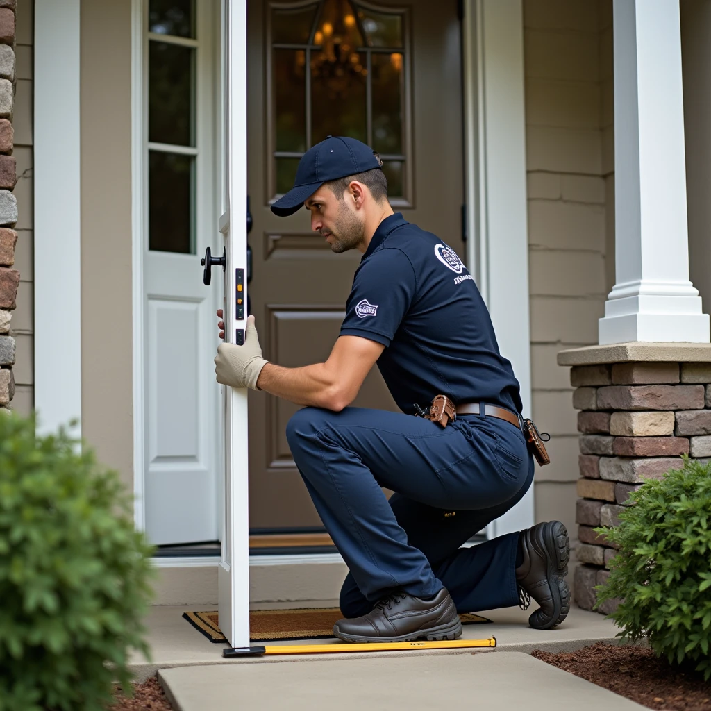 Create a professional and realistic image for an online store that offers door installation and maintenance services, focusing on the installation of an entry door. The image should depict a skilled worker carefully installing a new entry door at a residential entrance. The worker should be dressed in branded, professional attire and equipped with tools like a level and drill, ensuring the door is perfectly aligned. The setting should feature a clean and well-maintained home entrance, with the door partially installed to showcase the quality craftsmanship. Subtle branding elements, such as logos on the worker’s uniform or tools, should be included to reinforce the company’s identity. The overall scene should convey professionalism, precision, and a commitment to delivering top-notch door installation services.