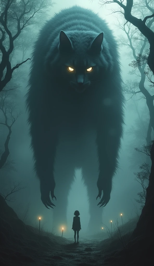 Generate an ultra-realistic 4K surreal scene of a massive, humanoid cat looming over a small, frightened girl in a dark, fog-covered forest. The cat, with shadowy black fur and glowing, menacing eyes, stands on two legs in a disturbingly human posture, its head tilted as it leans down towards the girl with an eerie curiosity. The surrounding forest is twisted and oppressive, with gnarled, claw-like branches and faint, ghostly lights barely illuminating the dense mist. The cat's posture and the unsettling environment should create a powerful sense of dread, blurring the line between the familiar and the horrifying
