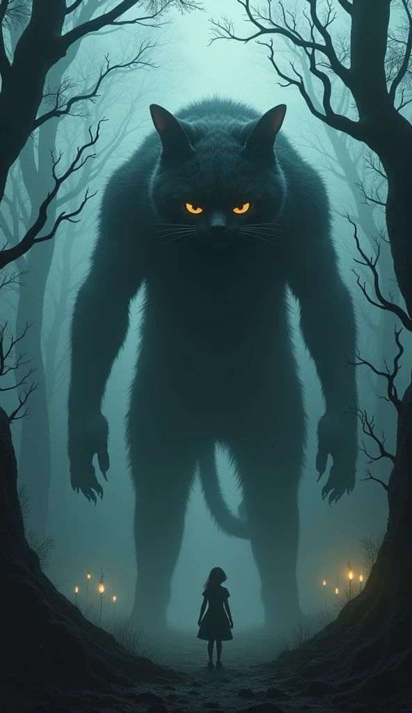 Generate an ultra-realistic 4K surreal scene of a massive, humanoid cat looming over a small, frightened girl in a dark, fog-covered forest. The cat, with shadowy black fur and glowing, menacing eyes, stands on two legs in a disturbingly human posture, its head tilted as it leans down towards the girl with an eerie curiosity. The surrounding forest is twisted and oppressive, with gnarled, claw-like branches and faint, ghostly lights barely illuminating the dense mist. The cat's posture and the unsettling environment should create a powerful sense of dread, blurring the line between the familiar and the horrifying