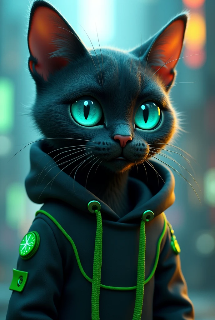 Male cat with black and green fur
Blue eyes
Snake eyes
Wearing a black sweatshirt with green details with technology
Futuristic
3d cartoon