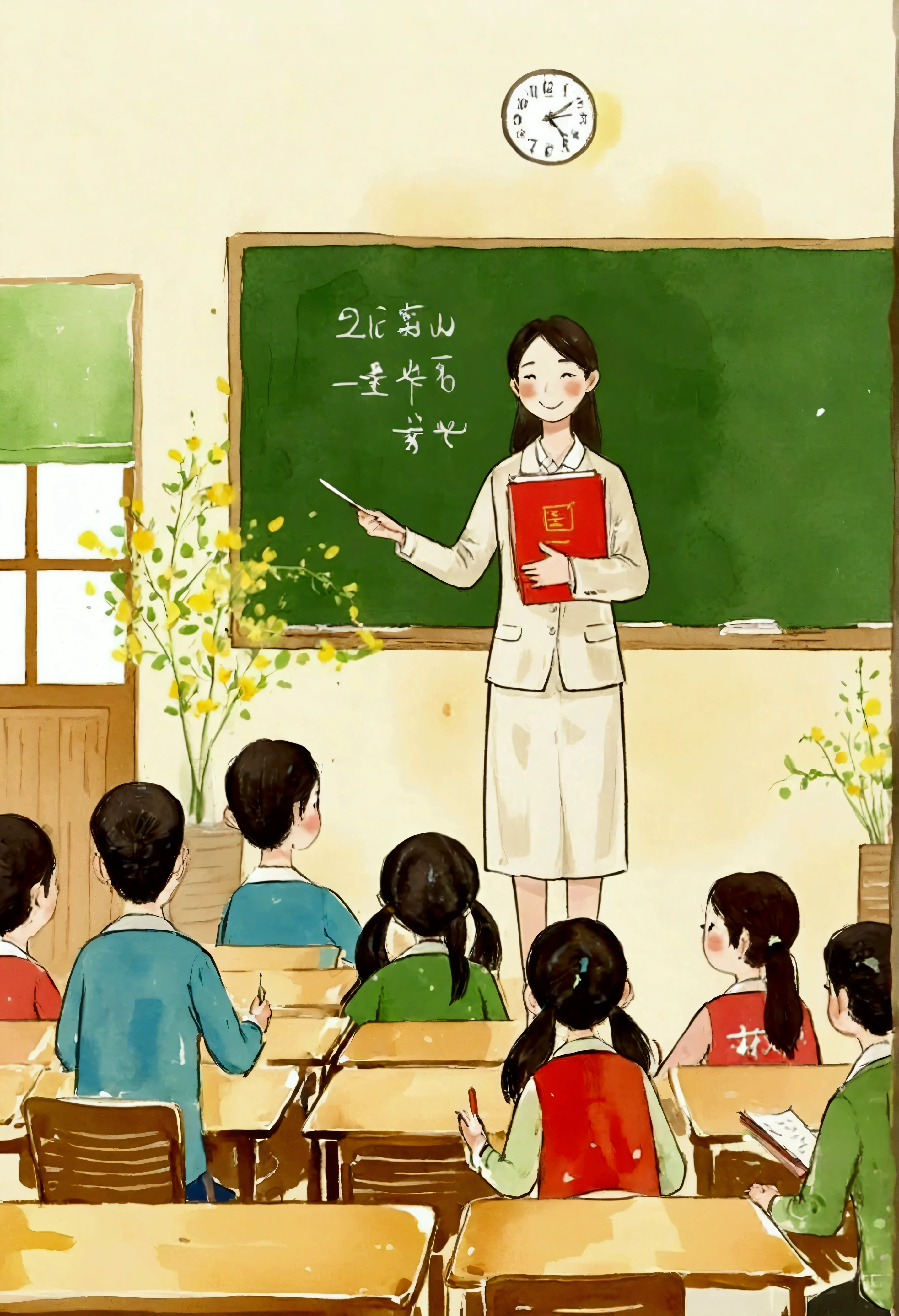 sunny day, a classroom,a female teacher,the female teacher is giving a lecture to students,holding a textbook in her hand, with an elegant figure,Asian Illustration style,the students are listening attentively,watercolor ink painting, 4K, Soft illuminaotion