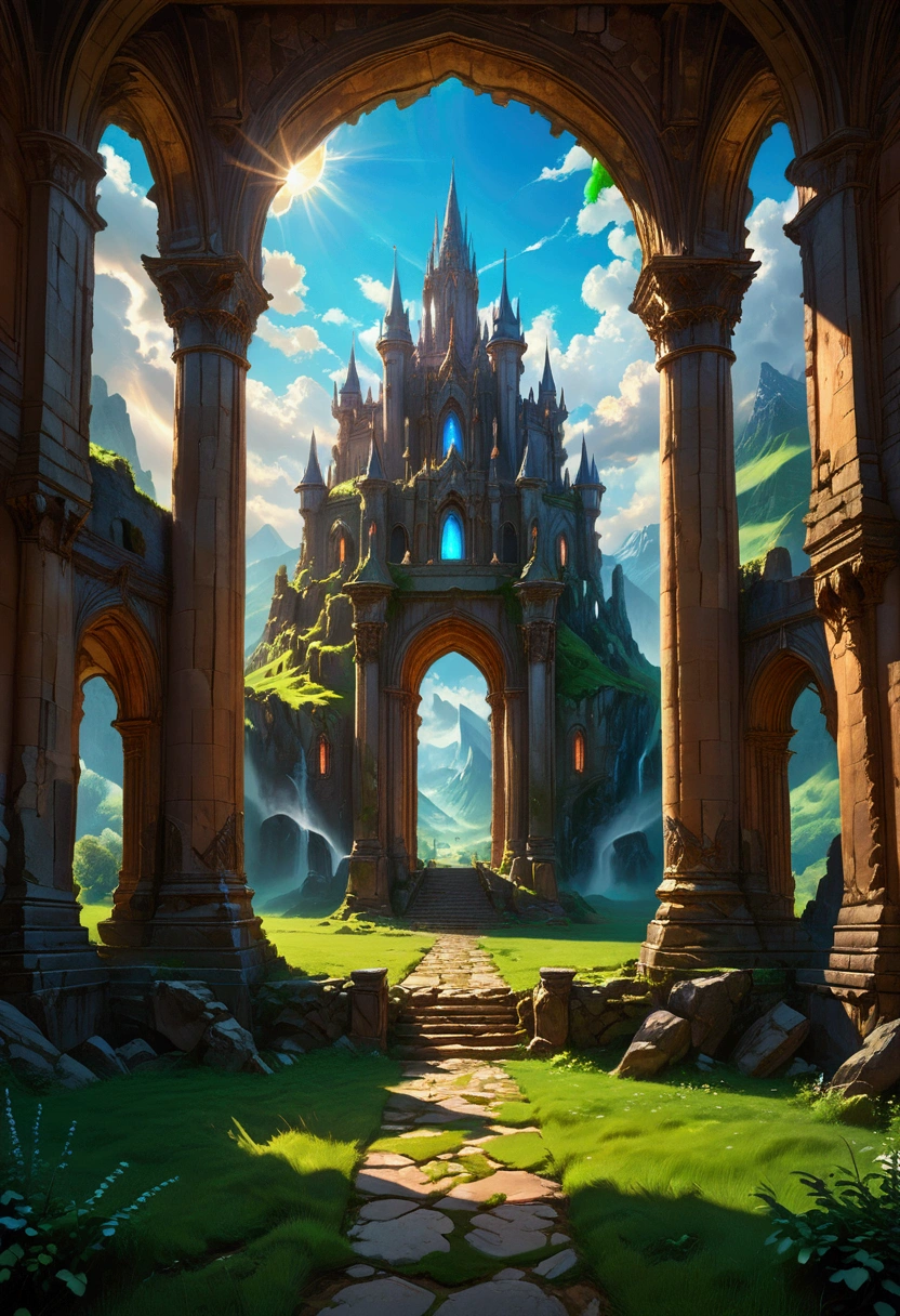 a majestic epic fantasy landscape, dramatic cloudy sky, glowing sun, lush green meadows, towering mountains, ancient castle ruins, magical portal, ornate fantasy architecture, ethereal lighting, sweeping cinematic composition, vibrant colors, photorealistic, 8k, best quality, ultra-detailed, hyper-realistic, cinematic lighting, dramatic atmosphere, fantasy art