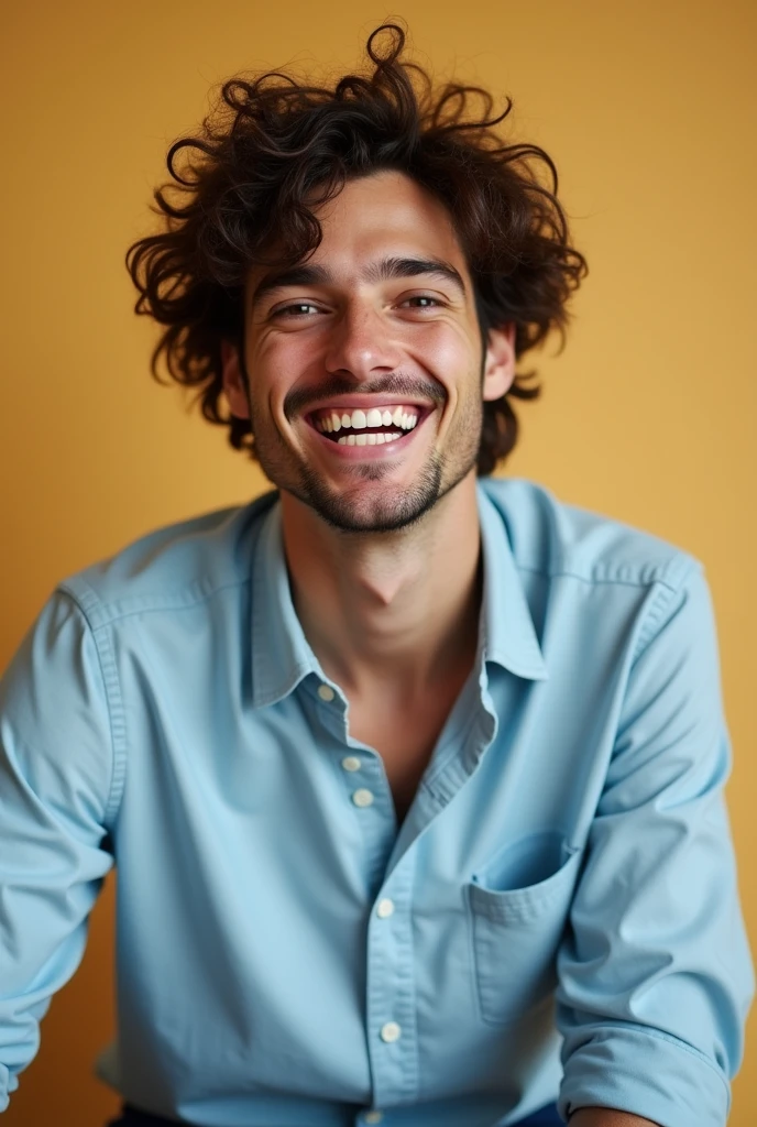 , brown mixed race, short dark brown frizzy hair, Brown eyes, dark blue pants and light blue shirt He laughs