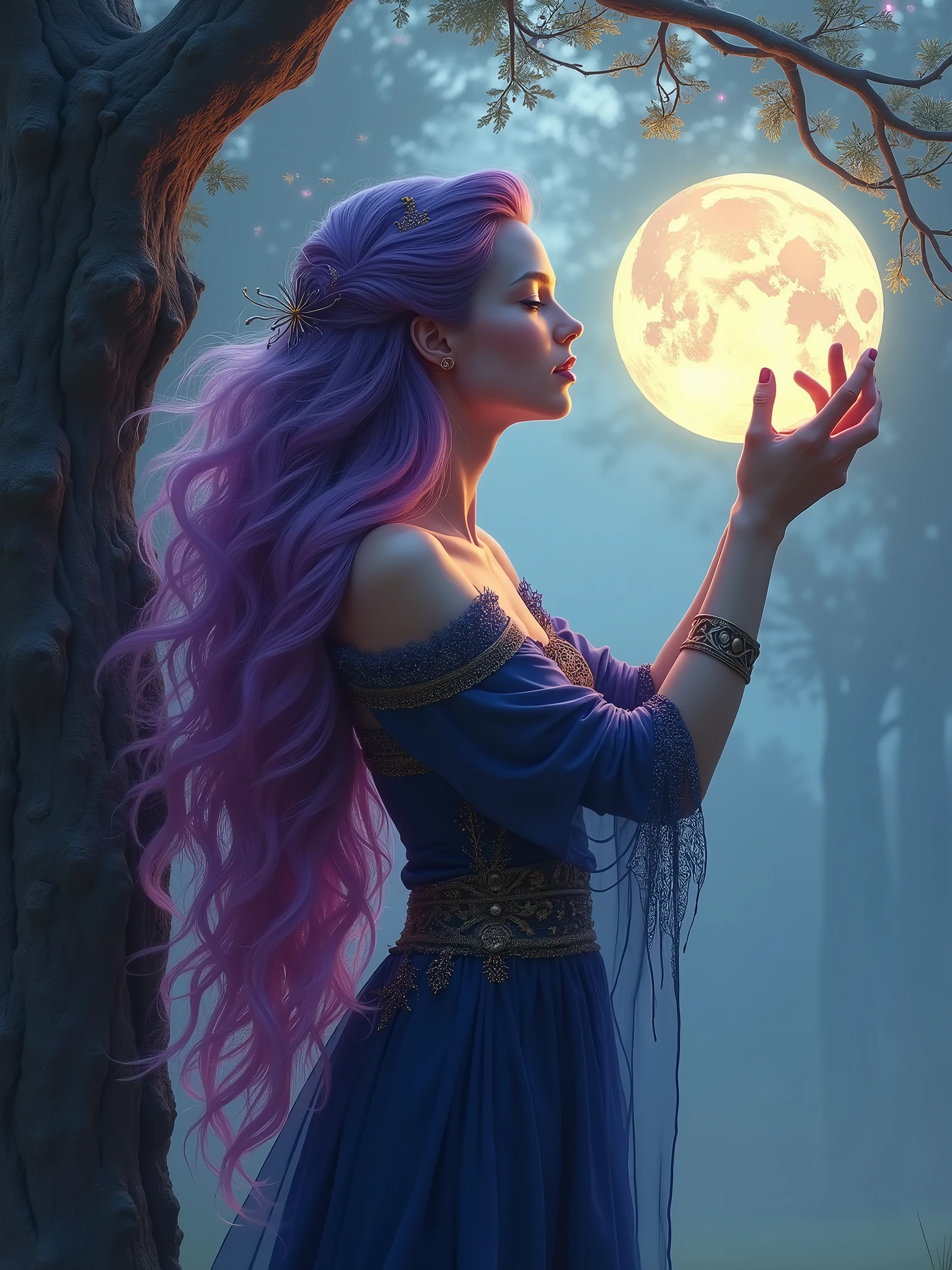 ```
Envision an ethereal, otherworldly portrait of a Norse goddess, with an aura of mystique and wonder, featuring a striking, surreal scene where she is gently plucking the full moon from a gnarled, ancient tree branch, as if it were a ripe, lunar fruit, her long, wavy hair a vibrant, ombre blend of rich purple and fuchsia hues, cascading down her back like a waterfall of twilight colors, depicted in a dreamy, hyper-realistic style with soft, feathery brushstrokes and delicate, lace-like textures, set against a misty, silver-blue background with hints of iridescent, shimmering colors, evoking a sense of enchantment and mysticism, inspired by the works of Gustav Klimt and the Pre-Raphaelite Brotherhood.
```
