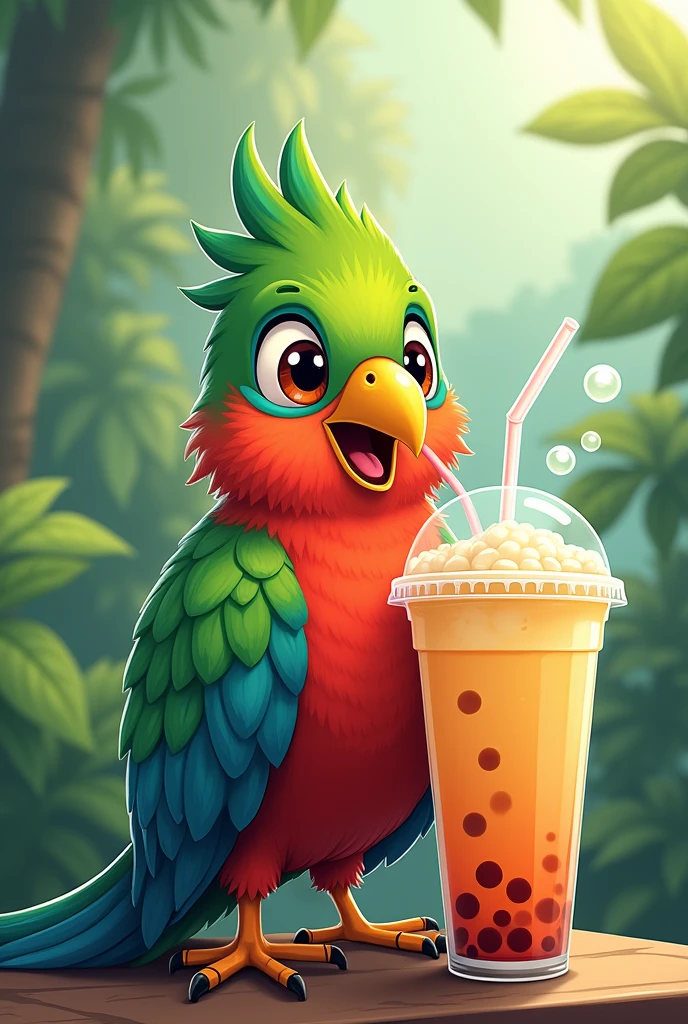 Cartoon of a quetzal drinking bubble tea