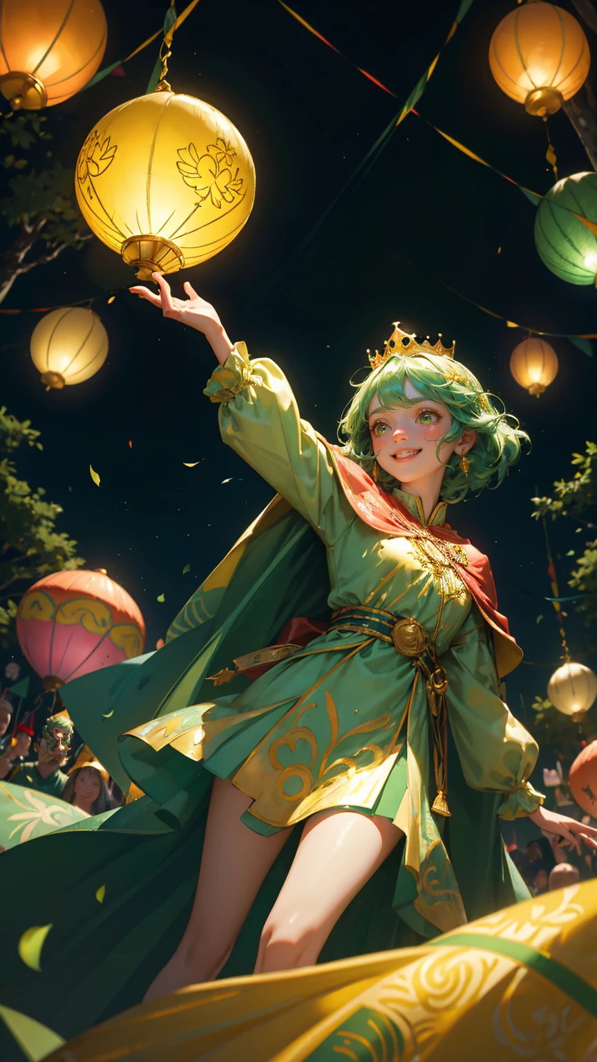A beautiful, cute girl dressed in a whimsical royal outfit with a vibrant green cape and a golden crown, standing in the middle of a lively forest kingdom celebration. She is smiling brightly with one hand raised in a cheerful gesture. The background features lush, green trees filled with hanging lanterns and colorful bunting flags. Balloons float in the sky, and a group of small, joyful creatures dressed in festive clothing dance around her. Above them, a glowing green upward-trending bar chart symbolizes growth and success. The scene is filled with playful details, like golden coins scattered on a checkered path, and a carnival tent peeking from the side, creating a magical, cheerful atmosphere., zoom out image, more fcused o backgrodud