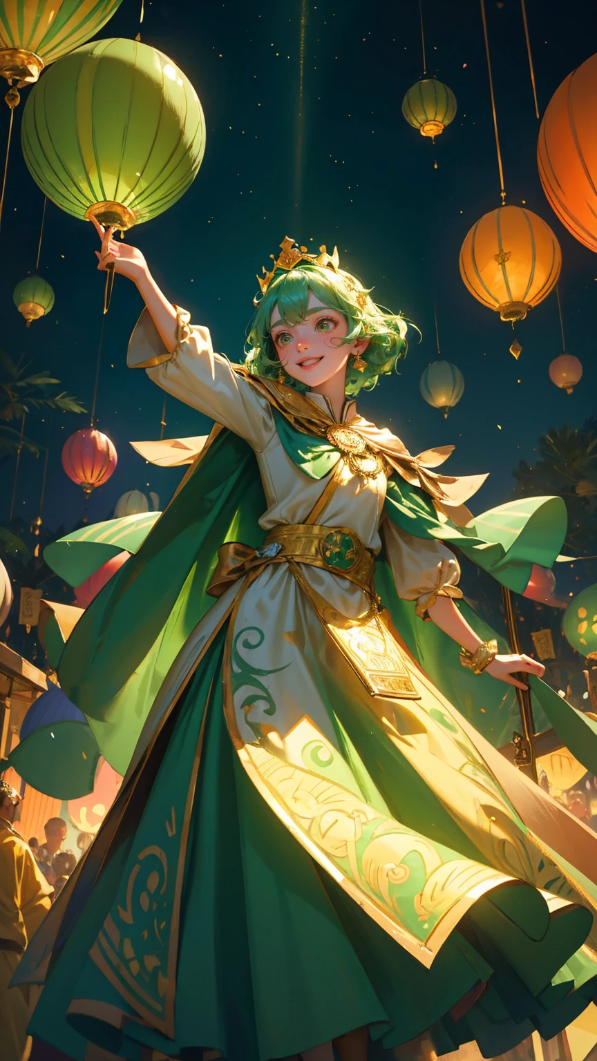 A beautiful, cute girl dressed in a whimsical royal outfit with a vibrant green cape and a golden crown, standing in the middle of a lively forest kingdom celebration. She is smiling brightly with one hand raised in a cheerful gesture. The background features lush, green trees filled with hanging lanterns and colorful bunting flags. Balloons float in the sky, and a group of small, joyful creatures dressed in festive clothing dance around her. Above them, a glowing green upward-trending bar chart symbolizes growth and success. The scene is filled with playful details, like golden coins scattered on a checkered path, and a carnival tent peeking from the side, creating a magical, cheerful atmosphere., zoom out image, more fcused o backgrodud