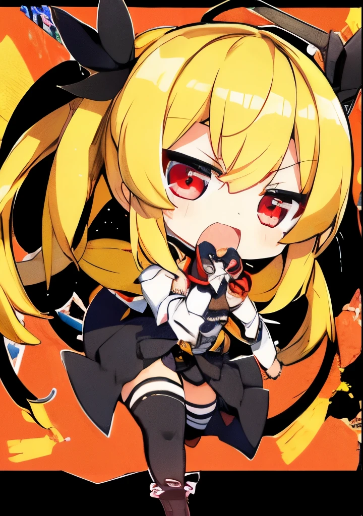 One girl, idol style anime character, blond twin-tail hair, big mouth, angry, burning eyes, powerful eyes, screaming, barking upward alone, shouting, screaming but cute face, body,.

Bright expression, Blond twin-tail hair, Autumn clothes, Pants, Face in focus, Front view, Red eyes, Two hands, Five fingers, No shadow on background, High resolution