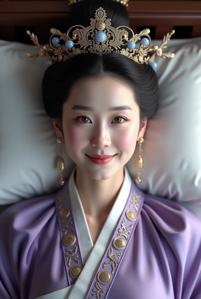 (photorealism:1.2), Using Imperial Chinese Dress purple and crown, beautiful mature white Queen, lying on the bed, A close-up to face and straight-on view from above, good body, straight body possure, big breasts, moderate emotion, like Diao Chan, sweet smile.