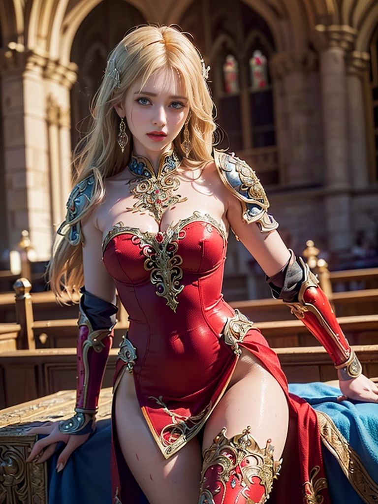 (((masterpiece, best quality))),(((high quality))),(((high resolution illustration))),(((hyper detail))),NSFW,(((Wordsworth's Sharon))),(((Very beautiful long blonde hair))),(((Very beautiful face))), ((((Detailed face)))),(((very beautiful blue eyes))),(((Realistic Skin))),(((her face is flushed))),(((slim body))),(((slim thighs))),(((small breasts))),(((very beautiful slender legs))),(((red armored dress armor with extremely detailed and intricate decoration:1.5))),(((beautiful earrings))),(((beautiful hair ornaments))),(((Late at night in the great hall of a luxurious medieval castle:1.4))),(((late at night:1.4))),(((wet her skin))),((Sharon is crying with tears streaming down her face:1.2))),