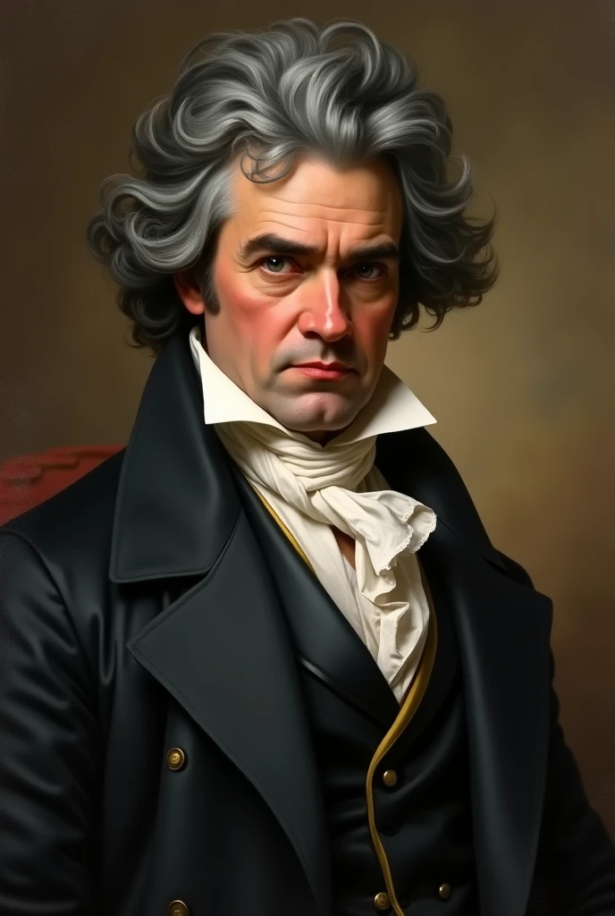 "Ludwig van Beethoven, classical portrait, elegant posture, 19th-century clothing, oil painting style, neutral background"