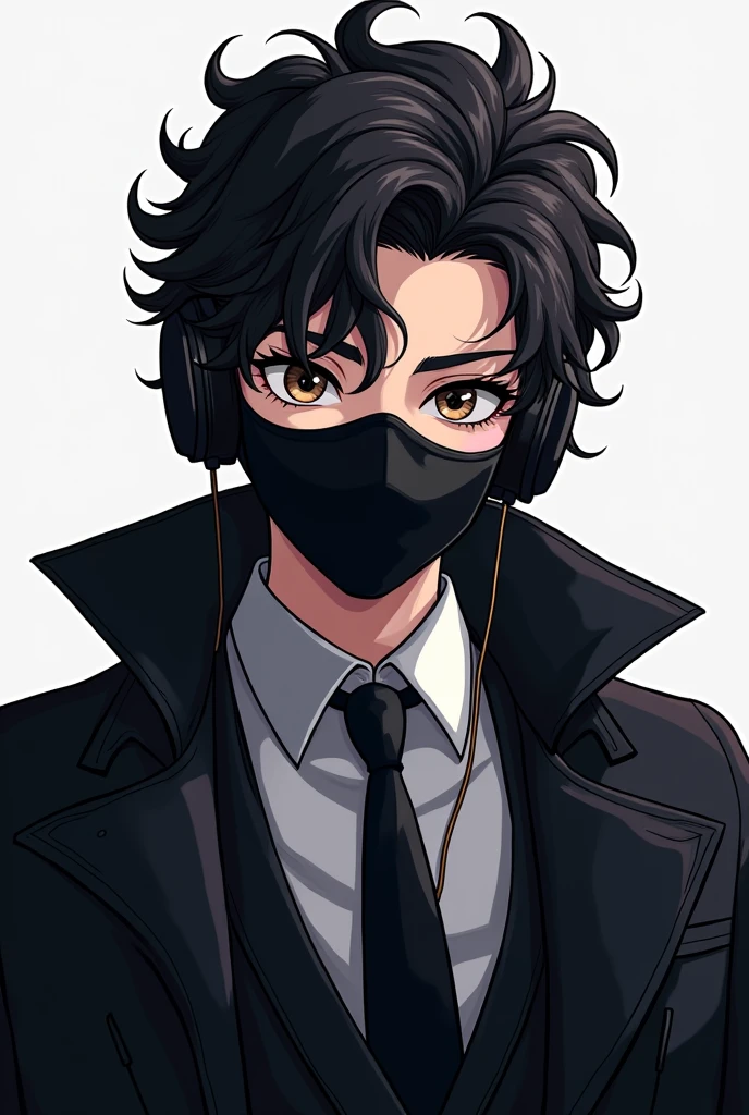 Logo A handsome anime boy headphone and black coat and tie curly hair and mask
