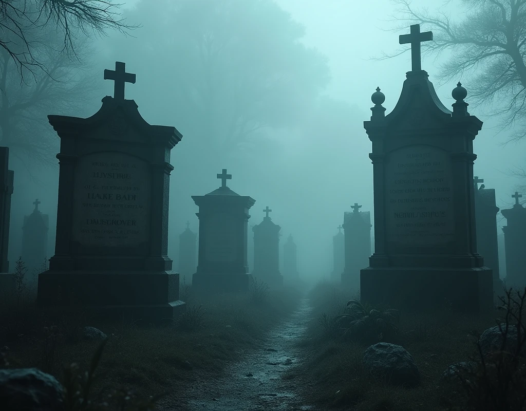 Tombstones in foggy weather