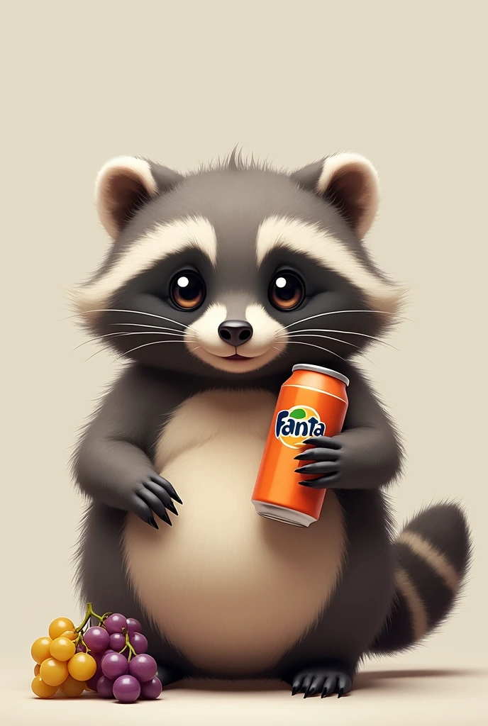 Fat raccoon holding Fanta grapes、High resolution、Big eyes、I can see the cute tail、