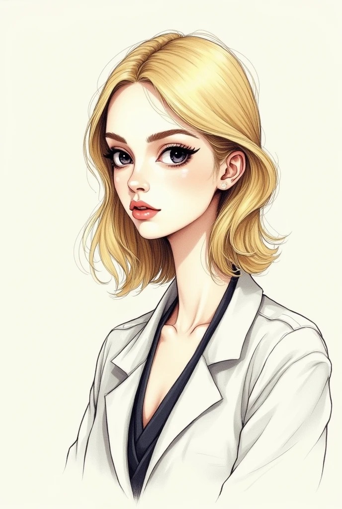 blonde nutritionist,eyes black,short in stature,drawing style